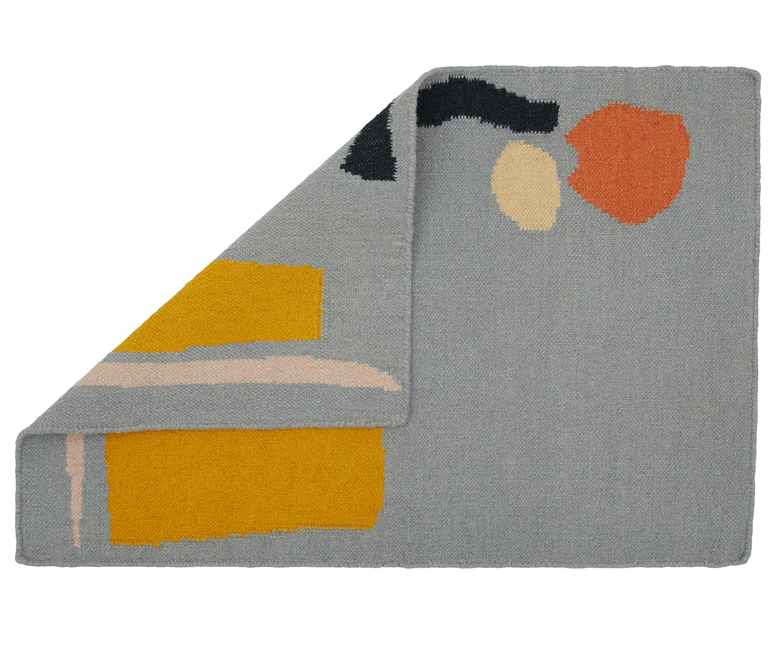 A 100% wool yarn flat weave rug from Cold Picnic. An abstract design featuring blue/grey with yellow and black